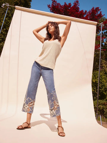 Cropped Flare Leg Jeans with Lace Hem