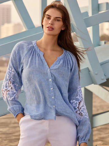 Cotton-Linen Button-Front Blouse with Embroidery