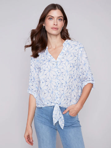 EMBROIDERED FRONT TIE BLOUSE
