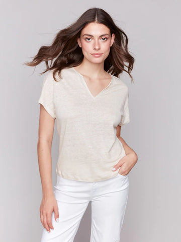 Foil Print Linen Blend Dolman Top