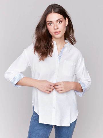 Linen Blend Drop Shoulder Shirt with Striped Cuffs