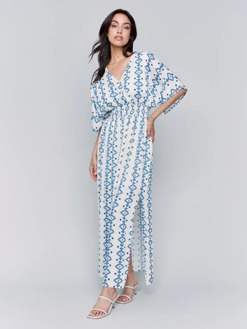 Printed Dolman Sleeve Maxi Dress with Side Slits