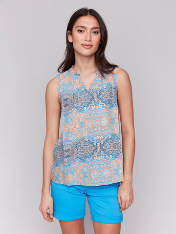 Printed Sleeveless Ruffle Neck Top