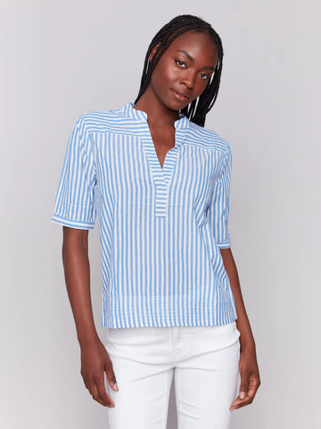 Striped Short Sleeve Popover Blouse