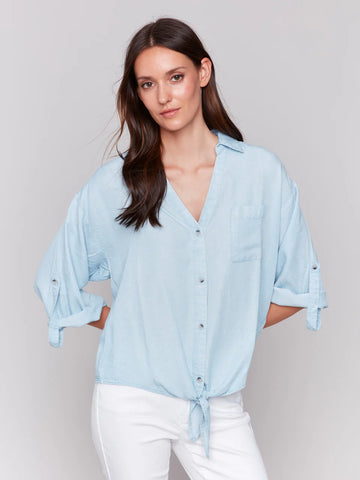 Tencel Button-Front Blouse with Front Tie