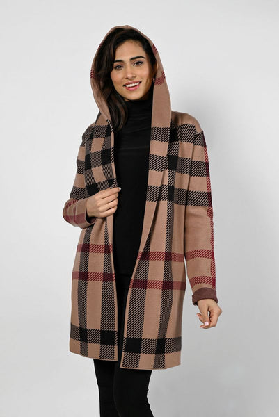PLAID HOODED CARDIGAN