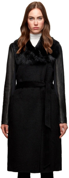 MORAY BELTED WOOL COAT WITH LEATHER SLEEVES