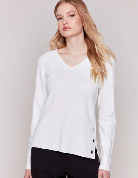 V-NECK SWEATER WITH GROMMET DETAIL