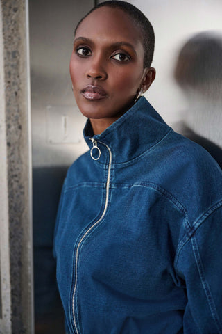 Dani Denim Funnel-Neck Bomber Jacket
