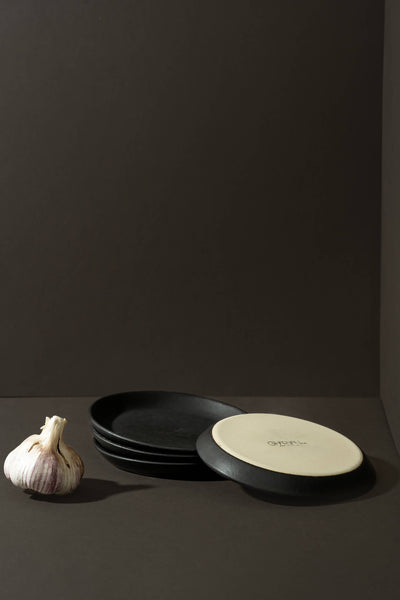 Handmade Stoneware Flat Side Plate | Edan 5.9": Matte Black/Shiny White