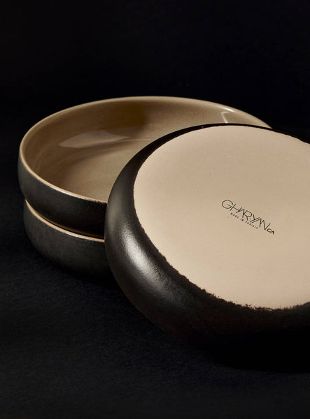 Handmade Stoneware Pasta/Salad Plate | Edan 7.9": Matte Black/Shiny White