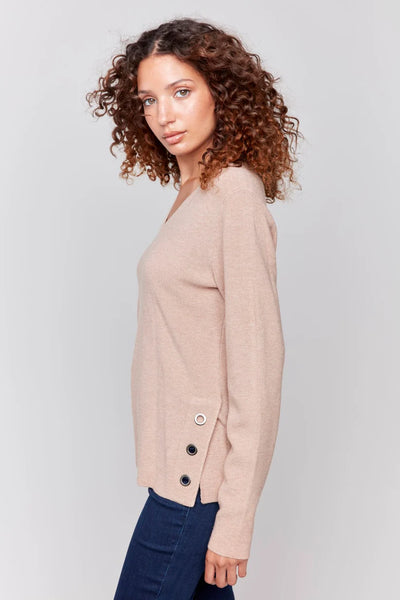 V-NECK SWEATER WITH GROMMET DETAIL