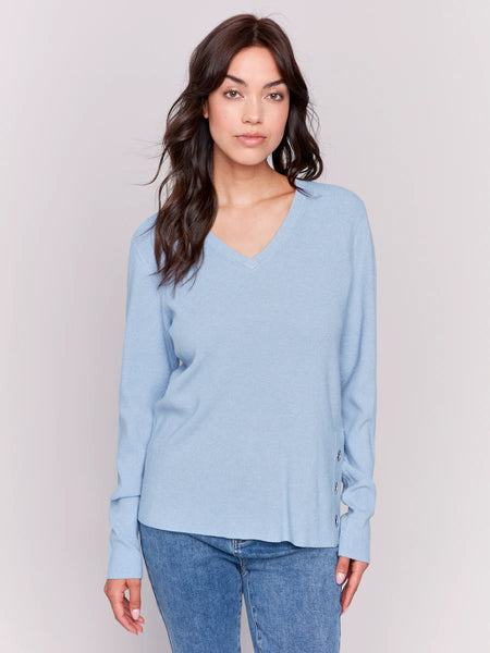 V-NECK SWEATER WITH GROMMET DETAIL