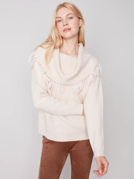 FRINGE COWL NECK SWEATER