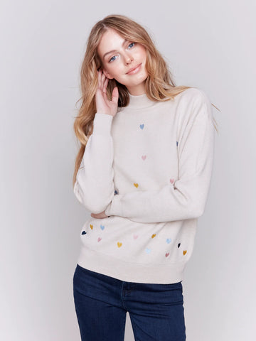 HEART EMBROIDERED MOCK NECK SWEATER