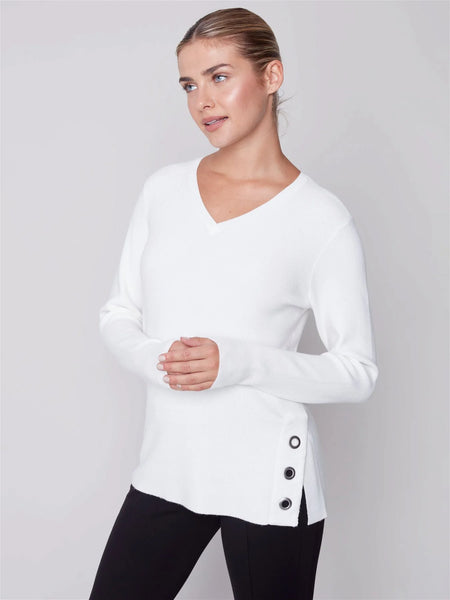 V-NECK SWEATER WITH GROMMET DETAIL