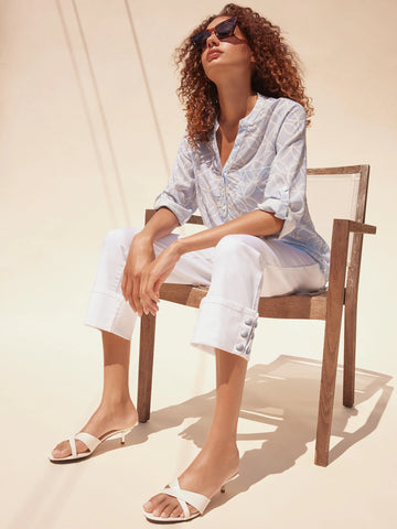 Cropped Twill Jeans with Snap Button Cuff Detail