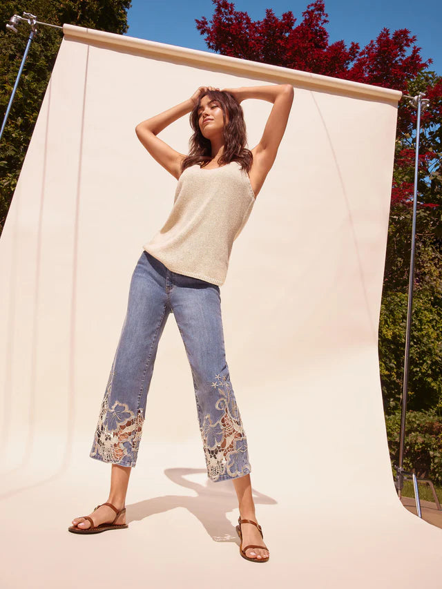 Cropped Flare Leg Jeans with Lace Hem