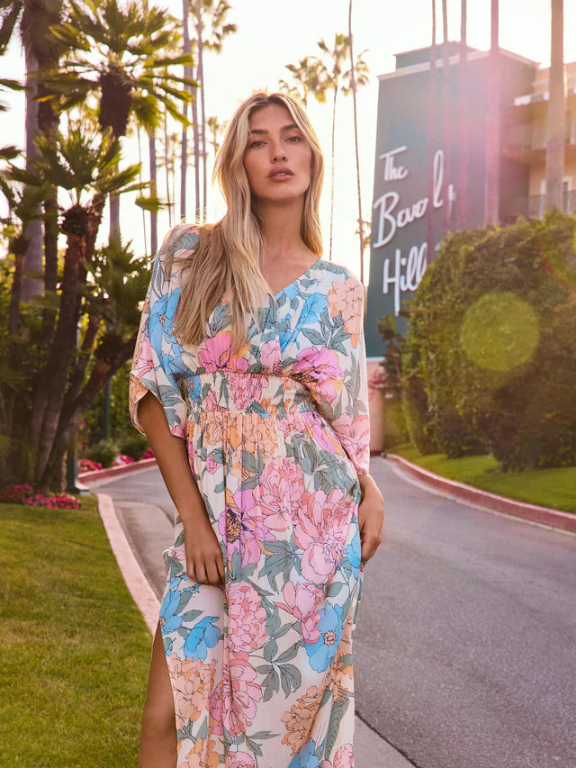 Printed Dolman Sleeve Maxi Dress with Side Slits