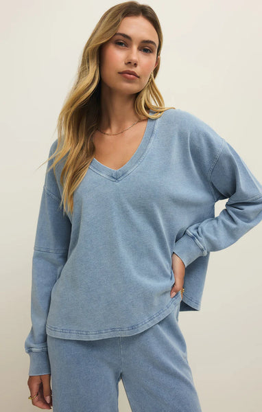 Delphine Knit Denim V-Neck Sweatshirt