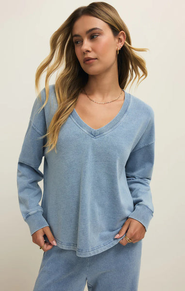 Delphine Knit Denim V-Neck Sweatshirt