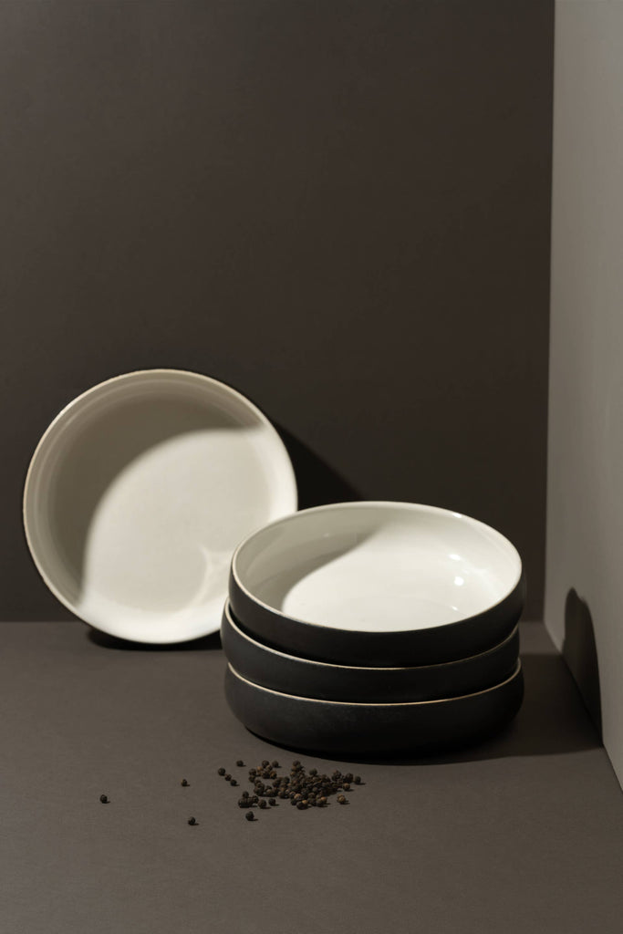 Handmade Stoneware Pasta/Salad Plate | Edan 7.9": Matte Black/Shiny White