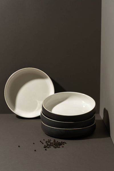 Handmade Stoneware Pasta/Salad Plate | Edan 7.9": Matte Black/Shiny White
