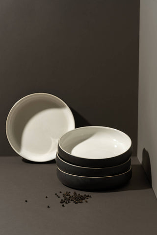 Handmade Stoneware Pasta/Salad Plate | Edan 7.9": Matte Black/Shiny White