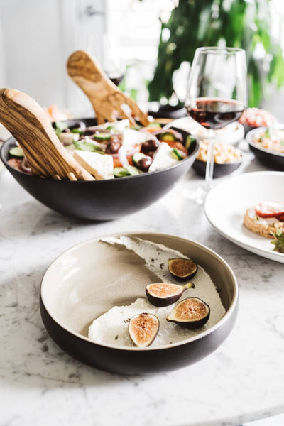 Handmade Stoneware Pasta/Salad Plate | Edan 7.9": Matte Black/Shiny White