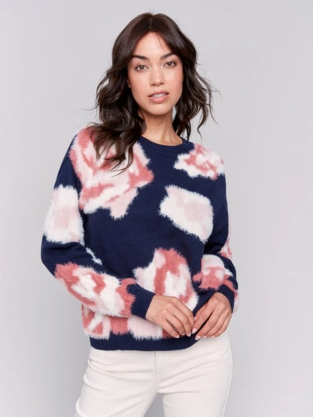 FUZZY FLORAL KNIT SWEATER