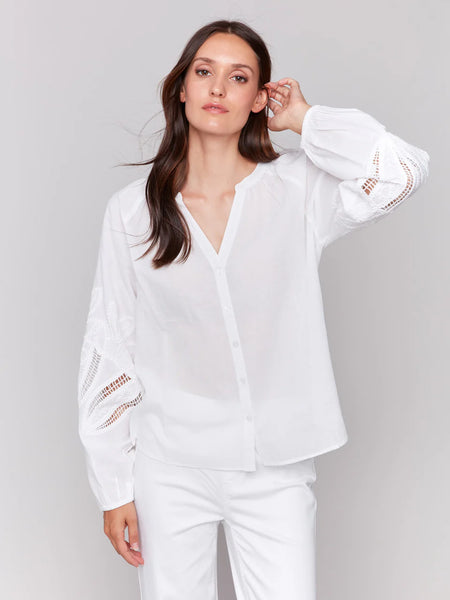 Cotton Button-Front Blouse with Embroidery