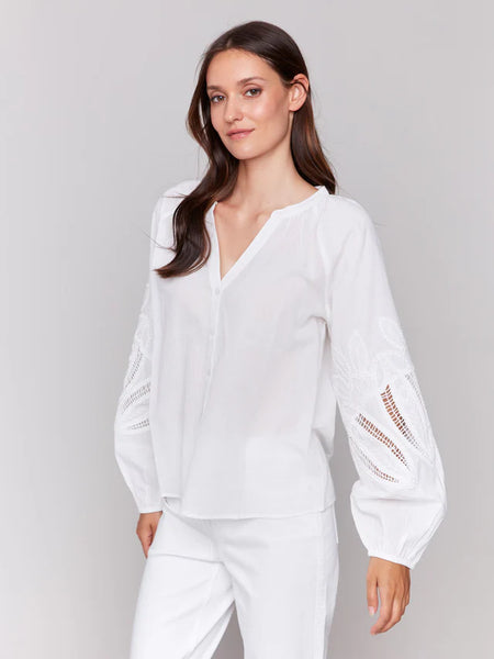 Cotton Button-Front Blouse with Embroidery