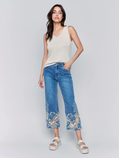 Cropped Flare Leg Jeans with Lace Hem