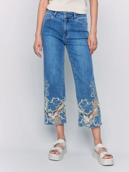 Cropped Flare Leg Jeans with Lace Hem