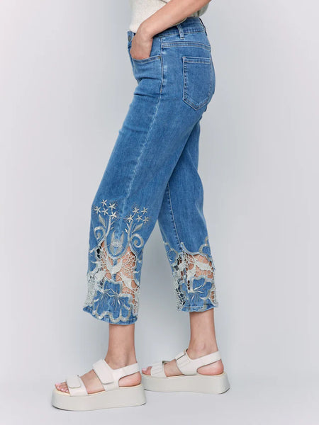 Cropped Flare Leg Jeans with Lace Hem