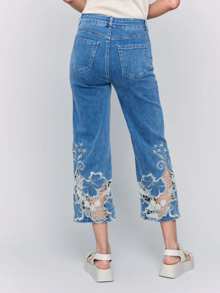 Cropped Flare Leg Jeans with Lace Hem