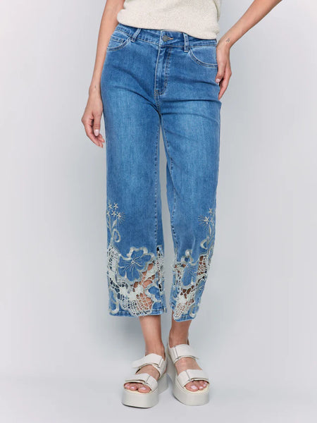 Cropped Flare Leg Jeans with Lace Hem