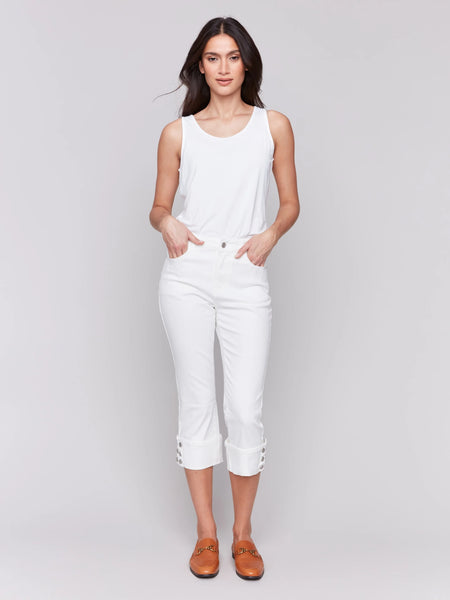 Cropped Twill Jeans with Snap Button Cuff Detail