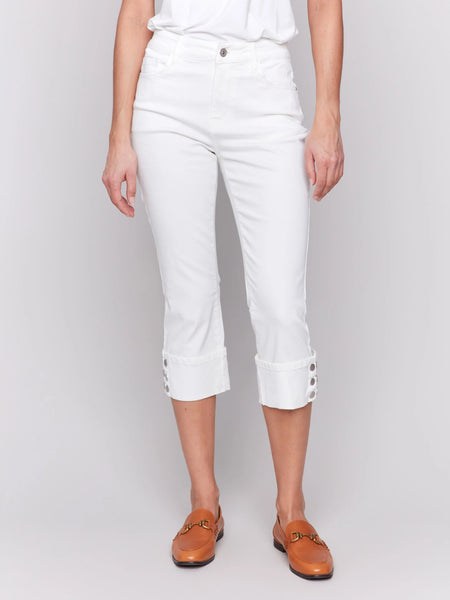 Cropped Twill Jeans with Snap Button Cuff Detail