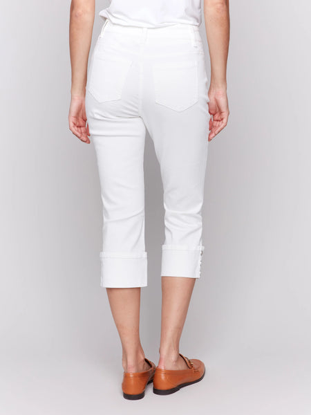 Cropped Twill Jeans with Snap Button Cuff Detail