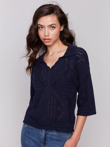 Johnny Collar Pointelle Sweater