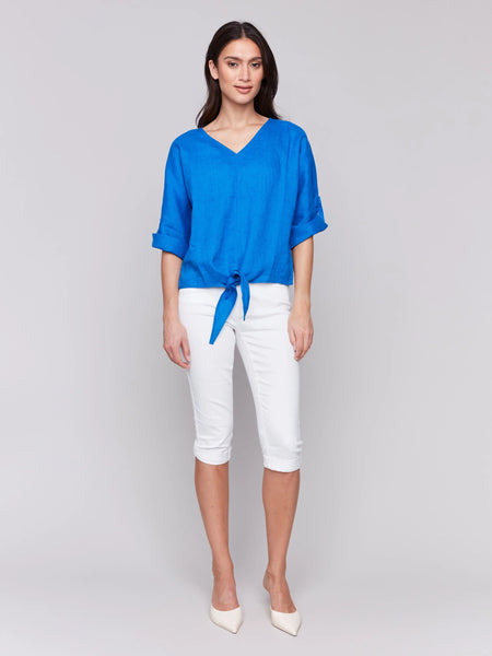 Linen Blend 3/4 Sleeve Top with Front Tie