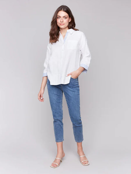 Linen Blend Drop Shoulder Shirt with Striped Cuffs