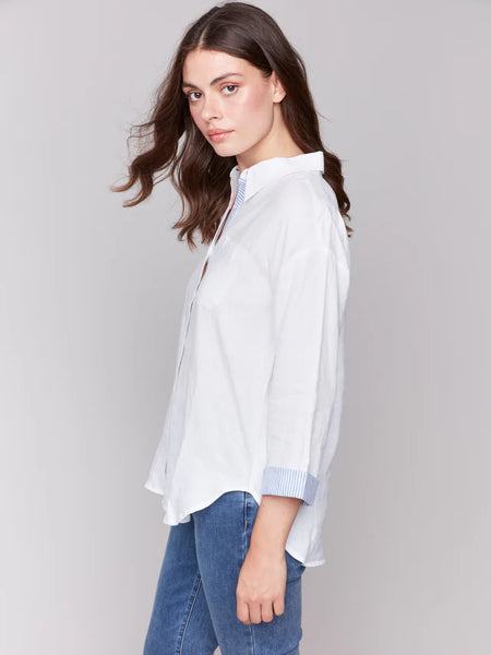 Linen Blend Drop Shoulder Shirt with Striped Cuffs