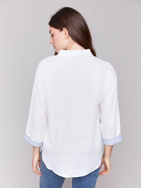 Linen Blend Drop Shoulder Shirt with Striped Cuffs