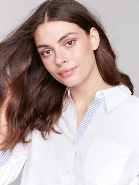Linen Blend Drop Shoulder Shirt with Striped Cuffs
