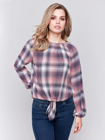 PLAID TIE FRONT BLOUSE