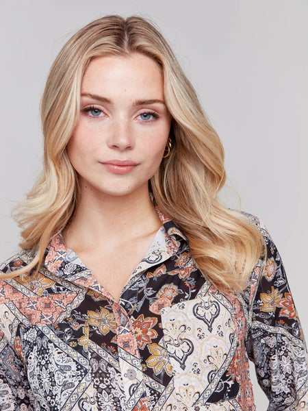 PRINTED BUTTON FRONT BLOUSE