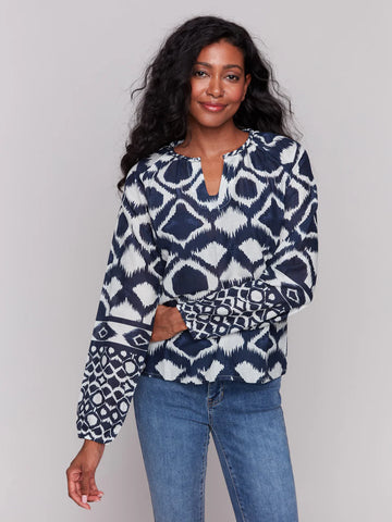 Printed Cotton Long Sleeve Popover Blouse