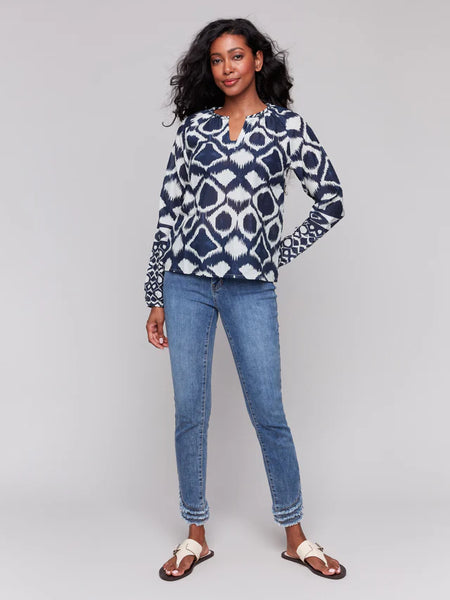 Printed Cotton Long Sleeve Popover Blouse